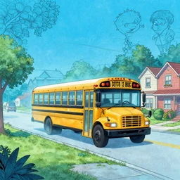 cartoon 8 k landscape landscape panoramic, beavis and butt - head by mike judge + blue paper with black line work, mtv animation, trending on artstation + ethereal school bus in a suburban neighborhood + fantastic cell shade engine light detail