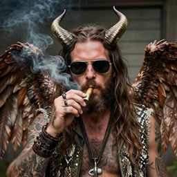 a redneck with wings and horns wearing sunglasses and snake skin smoking a blunt, detailed, 4 k, realistic, picture