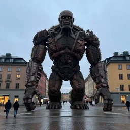 mobile street photo of a massive huge enormous golem in stockholm, sweden. dusk after the rain.