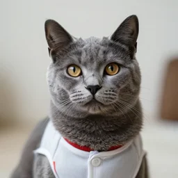 portrait of an antropormorphic gray cat using with clothes, (EOS 5DS R, ISO100, f/8, 1/125, 84mm, postprocessed, crisp face, facial features)