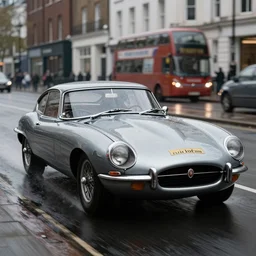 street photography by saul leiter, in a wet london high quality street, award winning photo of an ultra detailed dirty high quality!! jaguar e - type!! car speeding very fast on water, fast shutter speed, motion blur, tiny gaussian blur, highly detailed, highly intricate, depth of field, trending on top gear