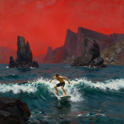 man surfing on the waters of oblivion, red sky over a mountainous landscape, rocky outcroppings and jagged cliffs, oil painting, dramatic, grand, romantic, apocalyptic, by john martin
