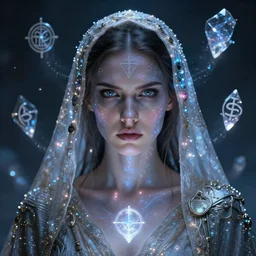 robed female astral projecting, stern look, highly detailed face, airbrush, magick, technology, sigils, royo, led lights, glowing orbs, crystal shimmers,