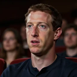 people in a theater watching a close up image of mark zuckerberg, dim lights, scary mood