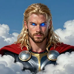a beautiful portrait of thor with blue thunder eyes and with his red cloak and clouds by greg rutkowski and thomas kinkade, trending on artstation.