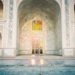 colorful paint splatter inside of a marble temple, film photo, soft lighting album cover, nostalgia, gradient, light reflection