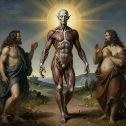 an ancient being made of veins and muscle tissue, elegant, dark, by ambrosius benson and beksinski, by fernando botero, a touch of giuseppe arcimboldo, realistic, renaissance, zoomed out, epic shot, on path to enlightenment