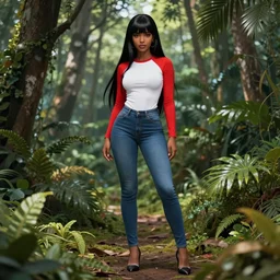 dark skin anime character using tight white red raglan sleeve, tight blue jeans and cool shoes, silky long black hair with bangs in a tropical forest