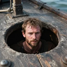 A man with his head stuck in the hole of a medieval galley, realistic, 4k
