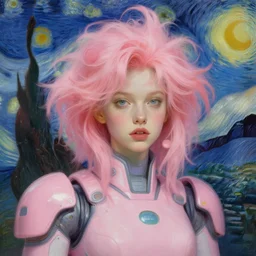 portrait of a beautiful girl, futuristic clothes, funky hair, intimate, pastel shades of pink, beautiful face, rule of thirds, spotlight, expressive, passionate, by greg rutkowski, by jeremy mann, by francoise nielly, by vincent van gogh, digital painting