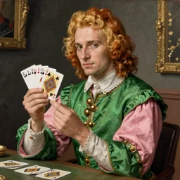 intricate beautiful medium - shot, the card player handsome man, blonde reddish hair, in green and pink clothes of 1 7 th century, holds playing cards, highly detailed, in card's player by sezanne, matte painting, renaissance painting, by paul sezanne by leyendecker, by artgerm, rutkowskyi