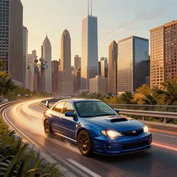 detailed intricate digital landscape illustration by greg rutkowski and artgerm and wlop and sanford robinson gifford ; 1 9 9 4 subaru wrx sti driving in a beautiful windy city with long exposure light streaks tall skyscrapers in background ; 1 3 mm film, arri alfa anamorphic lens ; sharp focus, golden hour lighting, trending on artstation 4 k