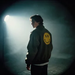 a photo of a man wearing a jacket turning around and the jacket has a smiley face stitched on the back, camcorder effect, ektachrome, wide angle, lens distortion, double - exposure, rephotography, light, dark, 3 d, spotlight, amoled, moody lighting, fog, cgi
