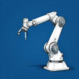 a robot arm sketching a robot arm, blue background