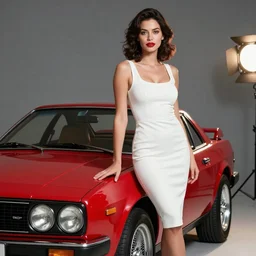 A beautiful Italian woman standing next to a Red TVR Sagaris, voluptuous, red lipstick, white dress, HDR, 50mm, volumetric lighting, bokeh, studio lighting, professional photography
