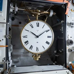 photo inside the iss, with a torsion pendulum clock floating inside. highly - detailed, award - winning