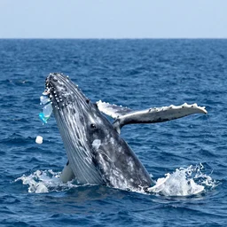 whale in the ocean eating small plastic bags