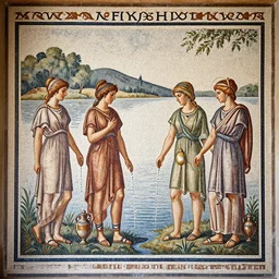 a mosaic tile wall showing roman ladies gathering water from a lake in their urns