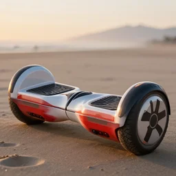 a closeup photorealistic image of a beautiful ferrari themed hoverboard. beach, sunset. fine detail. this 4 k hd image is trending on artstation, featured on behance, well - rendered, extra crisp, features intricate detail, epic composition and the style of unreal engine.
