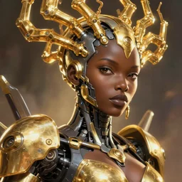 an epic fantasy comic book style portrait painting of a hyper detailed ultra sharp portrait of a beautiful well contoured black african robot made out of plastic with golden ornaments, up close shot, sharp focus, global illumination, radiant light, biomechanical gold rhizomorphs headdress, cyberpunk brackets, studio ghibli, unreal 5, daz, hyperrealistic, octane render, cosplay, rpg portrait, dynamic lighting, intricate detail, harvest fall vibrancy, cinematic