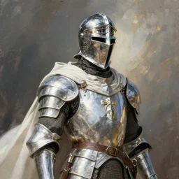man in crusader armor, helmet and white cape drawn by greg rutkowski realistic high detail