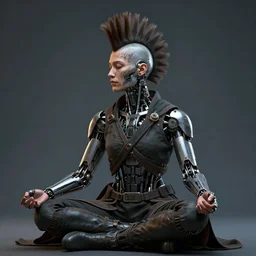 meditating monk with mohawk and tattoo on face and cybernetic enhancements, scifi character portrait by greg rutkowski, craig mullins, cinematic lighting, dystopian scifi outfit, profile picture, mechanical, cyborg, half robot ultra realistic 8 k resolution.