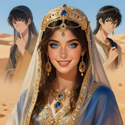 a beautiful touareg algerian woman by karol bak, ayami kojima, artgerm, sakimichan, arabian beauty, blue eyes, smile, concept art, fantasy