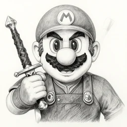 mario as The Witcher, pencil art on paper, highly detailed, dagger in one hand,symmetrical face,symmetrical eyes