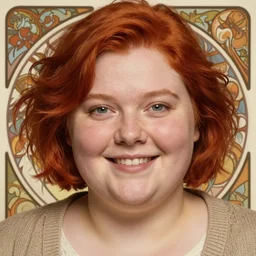 portrait of happy short and plump 5 0 - year - old woman with red hair and, kind face, round face, short hair, wearing in cardigan, hyper realistic face, beautiful eyes, close up, fantasy art, in the style of greg rutkowski, intricate, alphonse mucha, hyper detailed, smooth