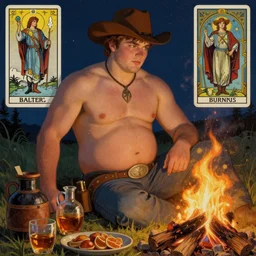 a serene, ethereal painting of a handsome mischievous thicc shirtless cowboy with a beer belly | night scene with campfire | food and jugs of whisky in the foreground | tarot card, art deco, art nouveau | by Walter Crane and Maxfield Parrish | trending on artstation