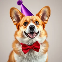a corgi wearing a purple party hat and a red bowtie, cinematic, ultra - hd