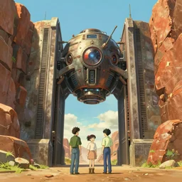 warm canyon with giant gate entrance, nuclear powered, detailed, futuristic, cory loftis, james gilleard, atey ghailan, makoto shinkai, goro fujita, studio ghibli, rim light, exquisite lighting, clear focus, very coherent, plain background