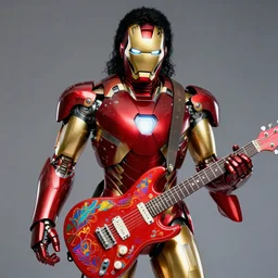 portrait photo of michael jackson wearing a giant huge golden and red metal futuristic steampunk iron man suit with a red guitar covered with multicolored big gears and tubes, eyes are glowing red lightbulbs, shiny crisp finish, 3 d render, 8 k, insaneley detailed, fluorescent colors, background is multicolored lasershow