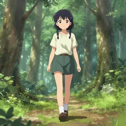 anime girl walking in the woods