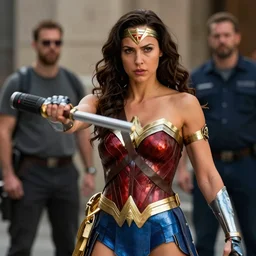 Wonder woman lassos a bank robber, Gal Gadot, cinematic, 35mm lens