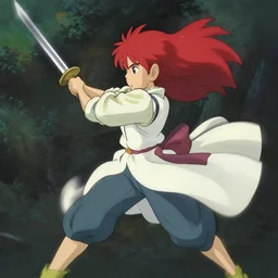 a warrior with long red hair swinging her sword in a full arc, motion blur, studio ghibli