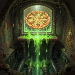 an altar in a puritan underground sewerage network, above a strained glass window depicting a pizza, green glowing slime flowing down from the sewers, intricate, highly detailed, digital painting, artstation, concept art, cinematic lighting, illustration, by artgerm, greg rutkowski, alphonse mucha, cgsociety