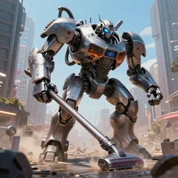 a giant vacuum cleaner mech attacks a city
