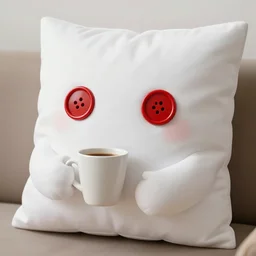 white pillow creature with red button eyes holding a coffee cup in its hand