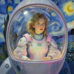 beautiful girl inside a spaceship, futuristic clothes, pastel colors, beautiful face, rule of thirds, spotlight, drips of paint, expressive, passionate, by mandy jurgens, by vincent van gogh, digital painting