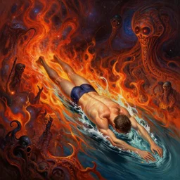 klaus nomi swimming in the fiery depths, cosmic horror painting, elegant intricate digital painting artstation concept art by mark brooks and brad kunkle detailed