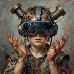 junky kid with six hand's, cybertronic gadgets and vr helmet, durty colours, close - up, rotten textures, rusty shapes, biotechnology, bao pnan, tim hildebrandt, wayne barlow, bruce pennington, donato giancola, larry elmore, oil on canvas, masterpiece, featured on pixiv, cinematic composition, hyper - detailed, hd, hdr, 4 k, 8 k