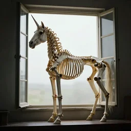 a photograph of a unicorn horse ( skeleton ) standing next to an open window, dramatic lighting, cinematic
