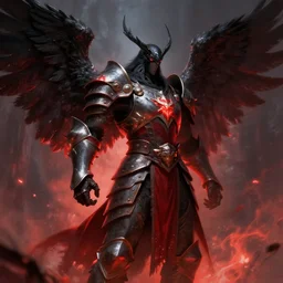 crow warrior in heavy armor. black wings. red clothes. bloom, lighting, glow. digital painting, hd, highly detailed.