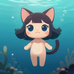 cute, full body, female, anime style, a salem cat girl, large eyes, beautiful lighting, sharp focus, simple background, creative, underwater