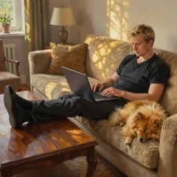 blond man sitting on sofa, laptop on the table, big table near sofa, dog spitz sleeping by his side, close up, rich cozy interiors, spatious room, legs on the table, digital painting, hyperrealistic, natural light, volumetric golden dappled dynamic lighting, highly detailed, sharp focus, elegant, by michael komarck, greg rutkowski