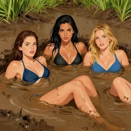 mix of beautiful young ava dalush, mariel hemmingway and elle macpherson in swimsuit, perfect faces, sinking in quicksand, muddy swamp, very coherent and colorful high contrast art, artstation, deviantart, digital art