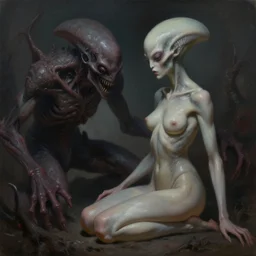 ultra realist muted colors horror painting of a dimly lit attractive alien female next to a hellish creature, very intricate details, focus, model pose, full frame image, high contrast, artwork by tooth wu and wlop and beeple and greg rutkowski, award winning