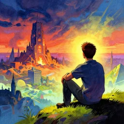 colorful illustration of a man sitting on the plato hill and watching the end of the world apocalypse, by greg rutkowski, by artgerm