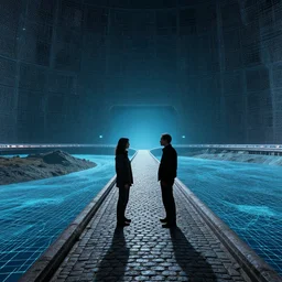the last hologram remnants of humanity stand conversing on a wireframe cobblestone bridge over a river made of simulated layers, a scene set in a vast holodeck. a lonely room teetering on the edge of the universe and the spectrum of oblivion encompasses all emotion